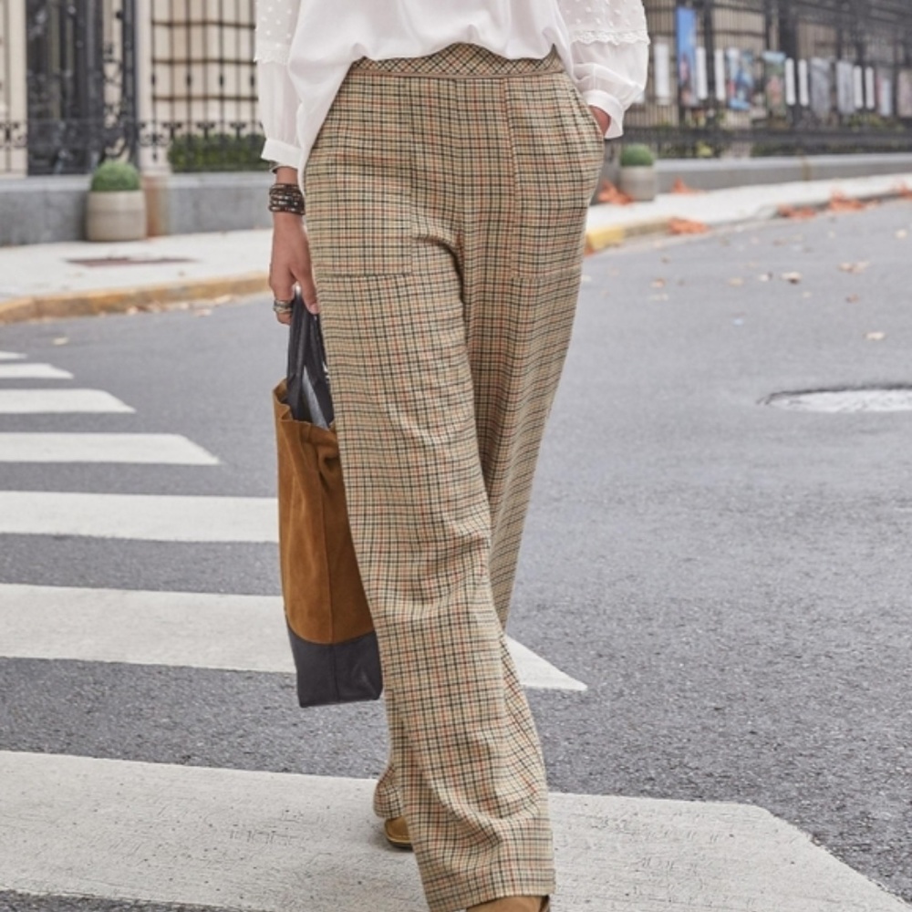 Sundance Brown Cotton Button Fly Gigi Plaid Pants Wide-leg